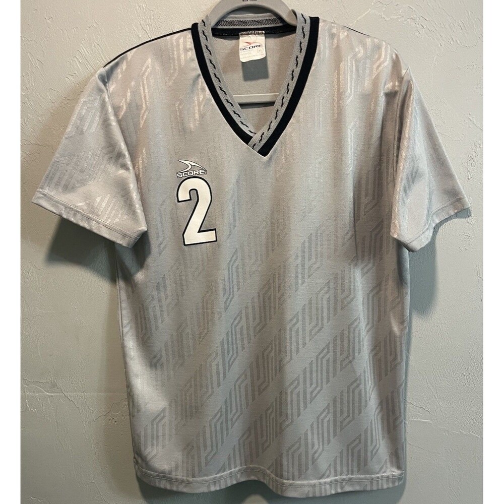 Vintage 90s Score Soccer Jersey Gray Silver Geometric V-Neck #2 Adult Small